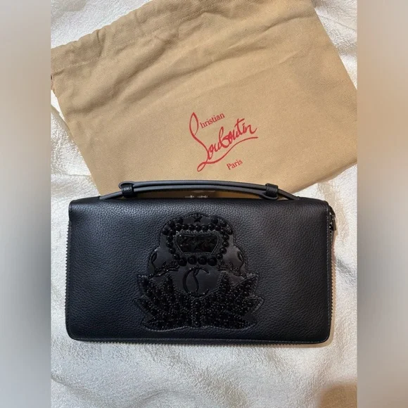 NEW Christian Louboutin Panettone Studs Logo Black Purse Zip Clutch Big Wallet - Picture 2 of 16
